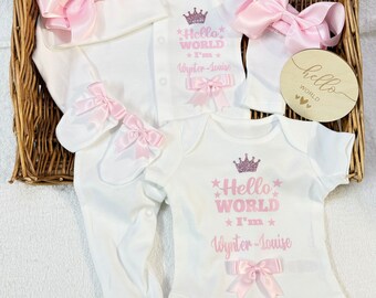 Newborn baby homecoming set, Sleepsuit large bow Hat Mitts bodysuit headband Personalised gift Mum Auntie Nanny