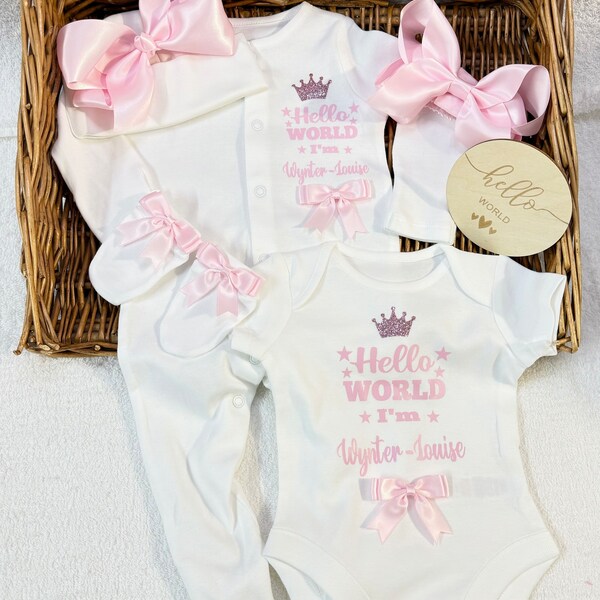 Newborn baby homecoming set, Sleepsuit large bow Hat Mitts bodysuit headband Personalised gift Mum Auntie Nanny