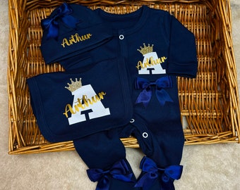 Newborn ONLY exclusive luxury bows superb quality navy baby boy homecoming set, sleepsuit/babygrow, hat, bib any name  Personalised gift