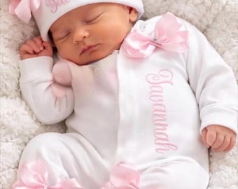 Newborn baby girl FULL SET sleepsuit hat mitts. EXTRAS  Add accessory set with headband or blanket or suitcase  or gift box 2nd pic original