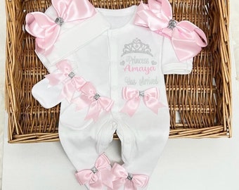 Newborn baby girl homecoming set, sleep suit headband scratch mittens Princess with bows BLING Personalised gift