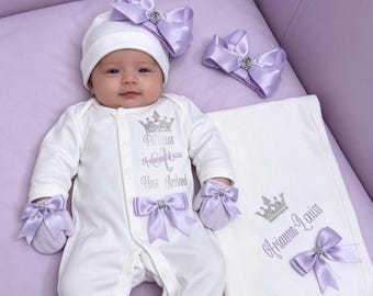 Newborn baby FULL SET sleepsuit hat mitts headband. EXTRAS add a blanket or keepsake suitcase or accessory set or gift box 2nd pic original