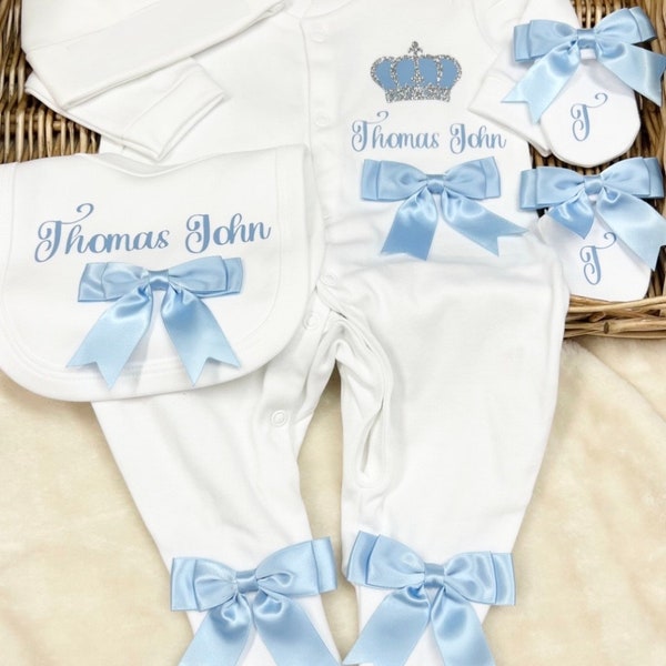 Newborn baby homecoming Luxury set sleepsuit bib mitts hat, any name  Personalised gift