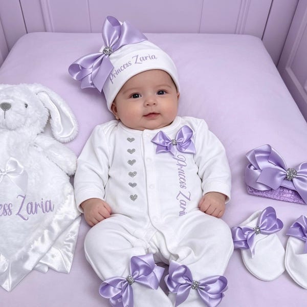 Newborn baby girl FULL SET sleepsuit hat headband mitts. EXTRAS add a rabbit or blanket Or keepsake suitcase or gift box  2nd pic original