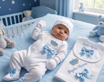 Newborn baby FULL SET  sleepsuit mitts bib hat. EXTRAS add blanket or Teddy or Taggie suitcase or gift box 2nd picture is the original