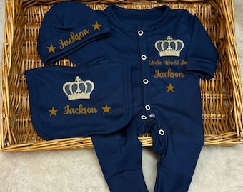 Newborn ONLY exclusive superb quality navy baby boy homecoming set, sleepsuit/babygrow, hat, bib any name  Personalised gift