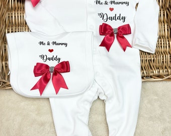 Me & Mummy love Daddy Newborn baby homecoming sleepsuit bib hat set babygrow Personalised gift