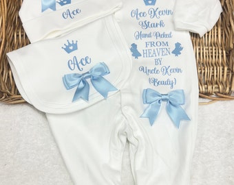 HAND PICKED FOR Earth  grandad nanny great grandparents grandparents Heaven Newborn baby homecoming sleepsuit hat bib bows