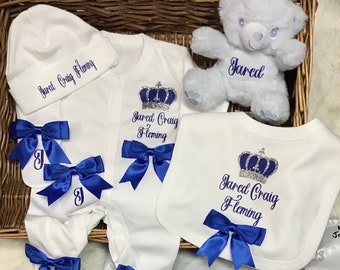 Newborn baby homecoming sleepsuits set any name, Personalised gift with teddy bear