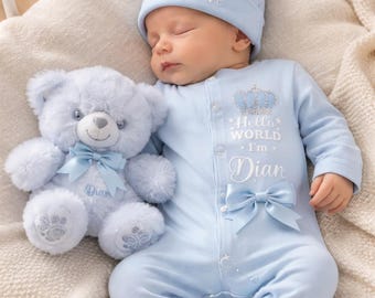 Newborn blue Baby a FULL SET is a sleepsuit Hat teddy. EXTRAS Add blanket or keepsake suitcase Personalised 2nd picture is original