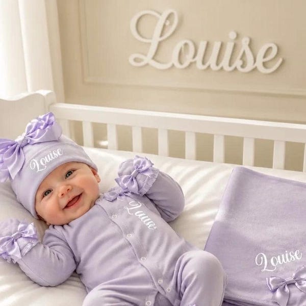 Newborn Baby girl FULL SET sleepsuit hat mitts headband. EXTRAS add a blanket or Teddy or keepsake suitcase or gift box 2nd pic is original