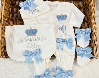 Newborn baby boy homecoming set with blue bows  Little Prince Personalised gift