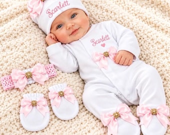 Newborn baby Girl boy FULL SET sleepsuit hat headband mitts. EXTRAS add a bunny or blanket Or suitcase or gift box 2nd pic is original