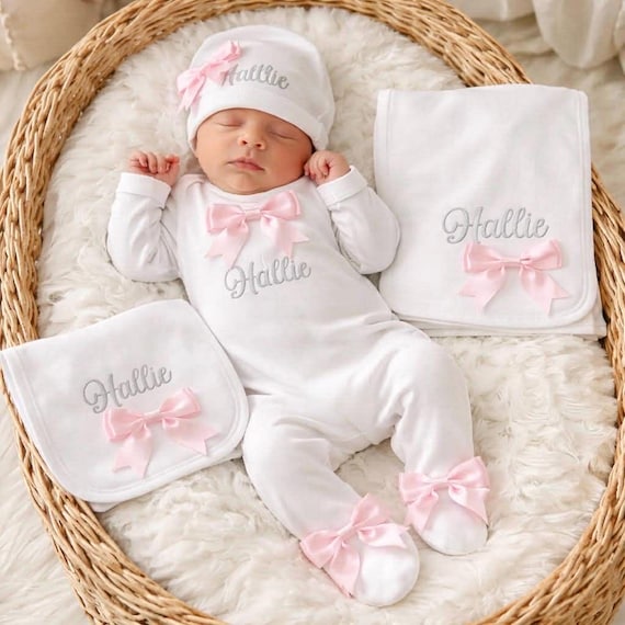 Newborn Baby girl FULL SET  Romper hat bib. EXTRAS add a Personalised teddy add a blanket or suitcase or gift box 2nd pic is original