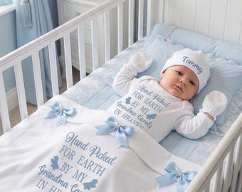 Handpicked Heaven Newborn baby FULL SET  Romper hat mitts. EXTRAS add a Personalised teddy a cotton blanket or suitcase 2nd picture original