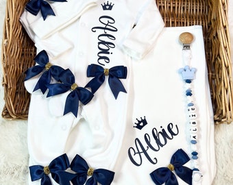 Newborn sleepsuit hat scratch mittens. Baby boy, custom-made personalised gift. Exclusive luxury bows navy gold