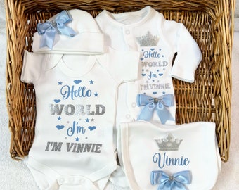 Newborn baby boy homecoming set, sleep suit, bodysuit, bib, hat, scratch, mittens, exclusive luxury bows Personalised gift