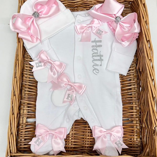 Newborn LUXURY baby homecoming set, any name initials on bows Personalised gift