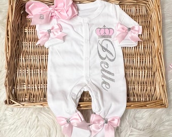 Newborn baby sleepsuit personalised headband homecoming set , any name bow gift Mum Nana Auntie