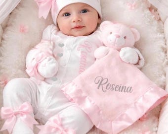 Newborn baby girl FULL SET is headband sleepsuit hat mitts.EXTRAS Personalised add a teddy bear a blanket or keepsake suitcase