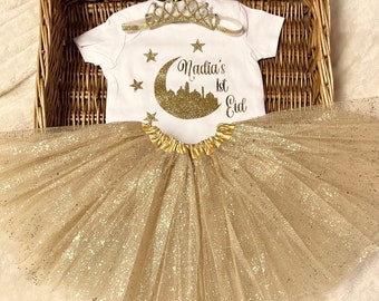 My first Eid princess outfit Bodysuit gold tutu free headband baby girl Mum Eid Mubarak