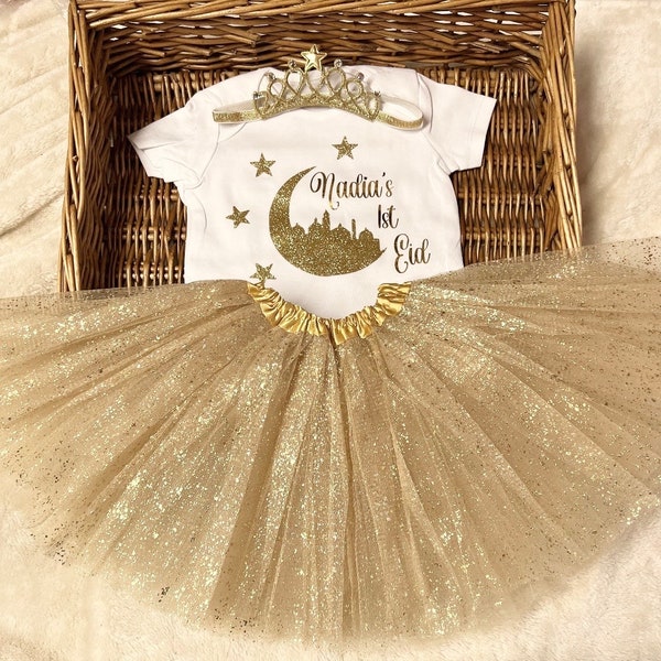 My first Eid princess outfit Bodysuit gold tutu free headband baby girl Mum Eid Mubarak