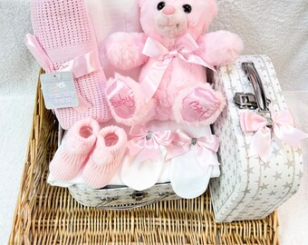 Baby HELLO WORLD newborn   hamper memory suitcase personalised gift, Teddy bear  comforter, blanket mitts  muslin booties