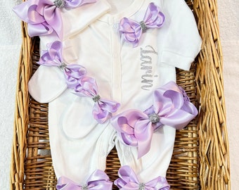 Newborn baby girl LUXURIOUS good quality homecoming set sleep suit, hat, scratch, mittens, headband, any name  Personalised gift