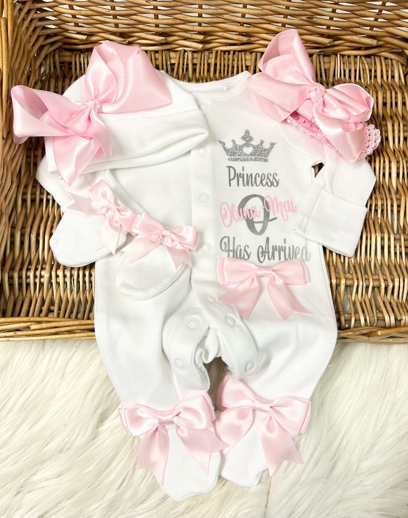 Newborn baby homecoming set, princess has arrived, sleep, suit, hat, scratch, mittens headband Personalised gift image 1