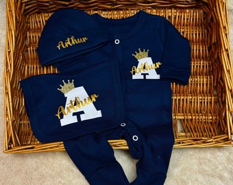 Newborn ONLY exclusive superb quality navy baby boy homecoming set, sleepsuit/babygrow, hat, bib any name  Personalised gift blanket