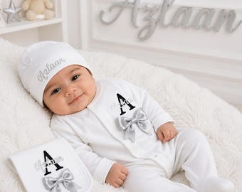 Newborn baby FULL SET  sleepsuit bib hat. EXTRAS add a Teddy or Taggie or blanket or suitcase or gift box 2nd pic original personalised