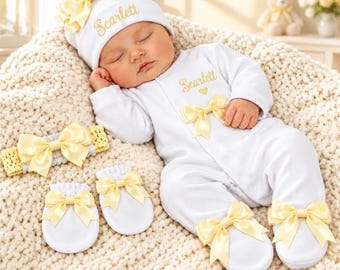 Newborn baby  FULL SET printed sleepsuit hat headband mitts. EXTRAS add a bunny or blanket Or suitcase or gift box 2nd pic is original