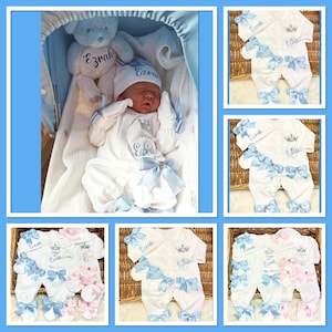 Newborn baby boy homecoming set, any name sleepsuit hat, scratch mitts Personalised gift plain blue bows image 3