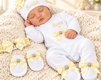 Newborn baby  FULL SET printed sleepsuit hat headband mitts. EXTRAS add a bunny or blanket Or suitcase or gift box 2nd pic is original