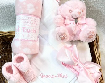 Baby girl, newborn personalised gift hamper memory box  Suitcase blanket, muzzy teether, booties teddy blanket.