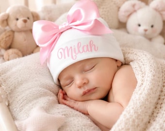 Newborn baby Girl hat add a pink headband large bow can be personalised baby sister or name