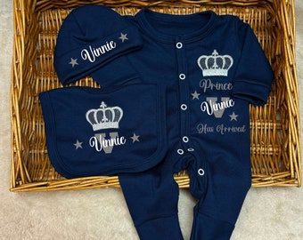 Newborn ONLY exclusive superb quality navy baby boy homecoming set, sleepsuit/babygrow, hat, bib any name  Personalised gift