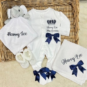 Newborn baby boy homecoming set, any name sleepsuit hat, booties, comforter, muslin wrap Personalised gift image 1