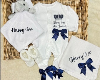 Newborn baby boy  homecoming set, any name sleepsuit hat, scratch mitts Personalised gift