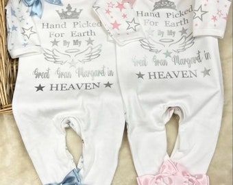 Handpicked for earth Heaven Nanny Grandad newborn sleep suit any name  Personalised gift