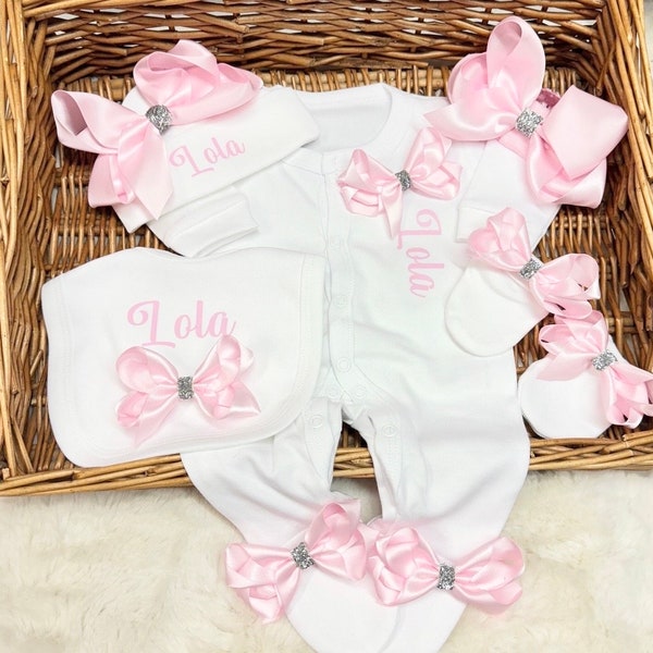 Newborn baby girl homecoming set, Sleepsuit hat bib mittens headband personalised gift