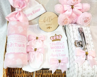 Baby girl/boy hamper newborn memory keepsake suitcase personalised gift sleepsuit/Babygrow hat comforter/bear, mitts blanket  set pink bows