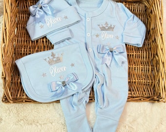 Newborn Baby Homecoming Set. SUPERB QUALITY Sleepsuit Hat bib set. Exclusive LUXURY Bows Personalised Gift