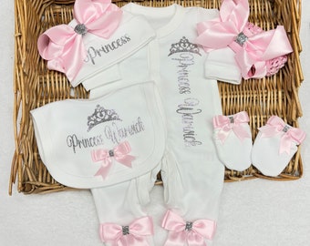 Newborn baby homecoming sleep suit hat scratch mittens set, any name  Personalised gift