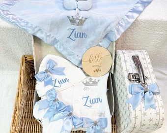 Baby hamper HELLO WORLD newborn memory keepsake suitcase personalised gift sleepsuit/Babygrow hat comforter, scratch mittens luxury blue bow