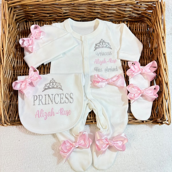 Newborn baby girl  homecoming set,  sleep suit, bib, hat, scratch mitts Personalised gift