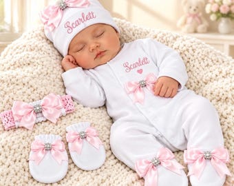 Newborn baby Girl boy FULL SET sleepsuit hat headband mitts. EXTRAS add a bunny or blanket Or suitcase or gift box 2nd pic is original
