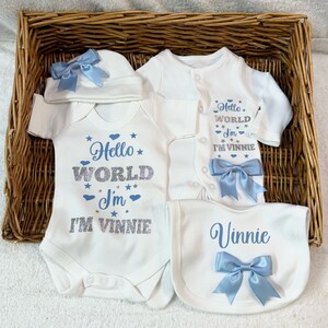 Newborn baby boy homecoming set, sleep suit, bodysuit, bib, hat, scratch, mittens, exclusive luxury bows Personalised gift image 1