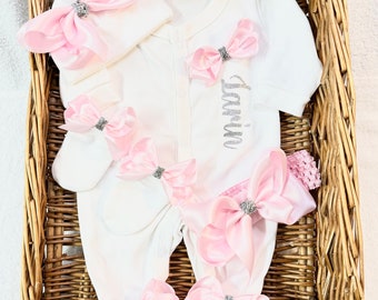 Newborn baby girl LUXURIOUS good quality homecoming set sleep suit, hat, scratch, mittens, headband, any name  Personalised gift