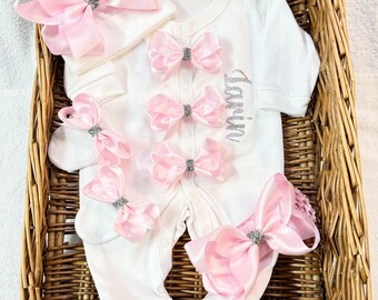 Newborn baby girl LUXURIOUS good quality homecoming set sleep suit, hat, scratch, mittens, headband, any name  Personalised gift